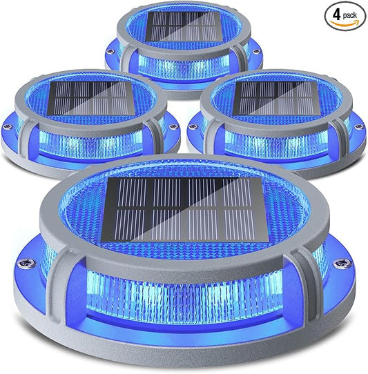 SIEDiNLAR Solar Deck Lights Outdoor 2 Modes 16 LEDs Driveway Markers Dock Light Solar Powered Waterproof for Ground Step Stair Pathway Walkway Garden Yard Road 4 Pack (Blue/Red)
