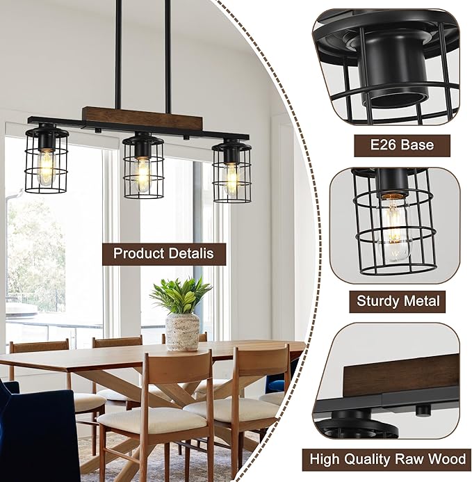 24" Farmhouse Kitchen Light Fixture, Black Hanging Kitchen Chandelier, 3-Light Rustic Dining Room Light Adjustable Height with Wood and Metal Frame, Suit for Farmhouse, Industrial Style
