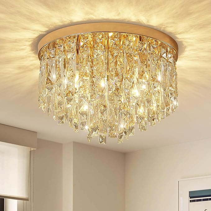 YMP&YZX Crystal Ceiling Light Fixture Flush Mount,15.7" French Gold Modern Crystal Chandelier with E12 Base Ceiling Lights for Bedroom Living Dining Room Hallway Closet Light Fixture 5-Light