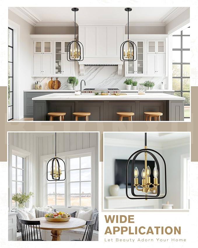 Beionxii 4-Light Farmhouse Entryway Light Fixture, 11" Pendant Lights Kitchen Island, Farmhouse Industrial Pendant Lights Kitchen Island with Rods for Kitchen Dining Room Entryway Stairway, BX-PL04BKG