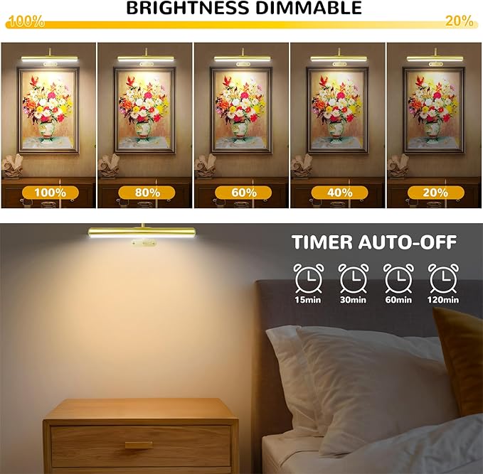 2Pack-Picture Light for Wall Artwork Rechargeable 5000mAh Painting Light with Controller, WARM/NATURE/COOL Colors,Dimmable 400LM Full Metal Wall Sconces Lamp Led for Picture Portrait Gallery-Gold
