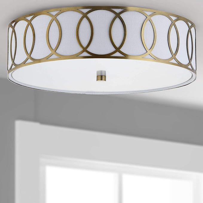 JONATHAN Y 15.5" Brass Gold Modern Metal LED Flush Mount Ceiling Light for Bedroom Hallway, White Linen Drum Shade with Geometric Fretwork, LED Bulbs Included (JYL3503A)