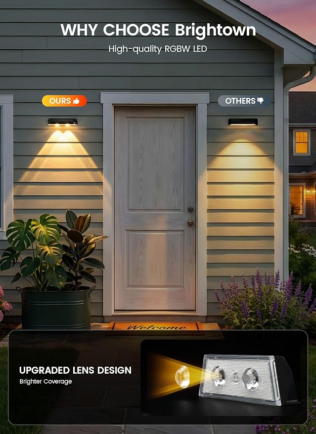 Brightown 8 Pack Solar-Fence-Lights-Outdoor, IP65 Waterproof 3000/4000/6000K/RGB 11 Colors Solar Deck Step Flood Lights, Solar Patio Lights for Outside Backyard Yard Home Improvement Wall Railing
