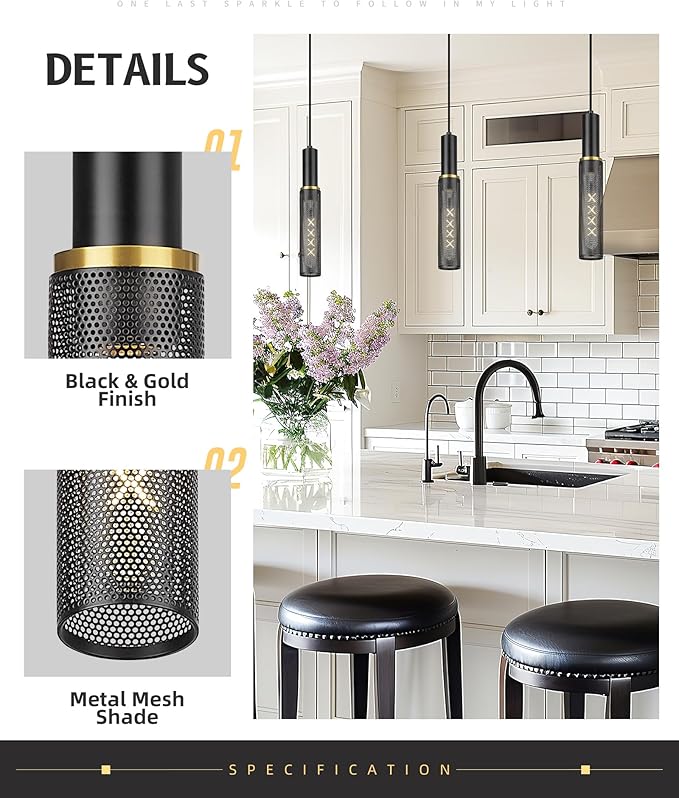 AUTELO Black Pendant Lights Kitchen Island, Farmhouse Mesh Pendant Lights in Black and Gold Finish, 1-Light Hanging Lamp in Metal Frame, Pendant Light Fixture for Kitchen Island Dining Room, H3898 BK