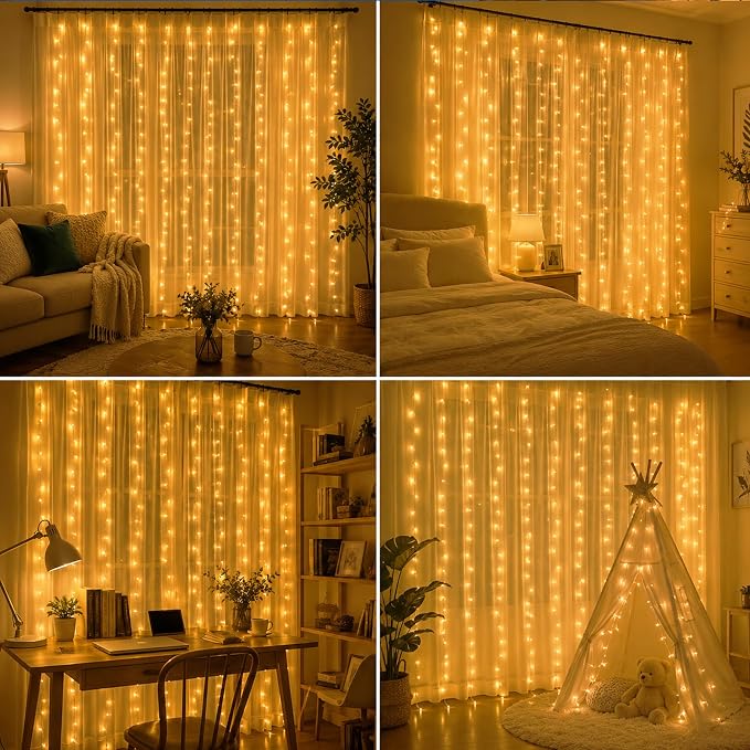 2 Packs LED Curtain String Lights 8FT * 7FT Plug in Waterproof Window Fairy Lights with 210 LEDs, Twinkle Indoor String Light for Bedroom Wedding Party Outdoor Christmas Decor, Warm White