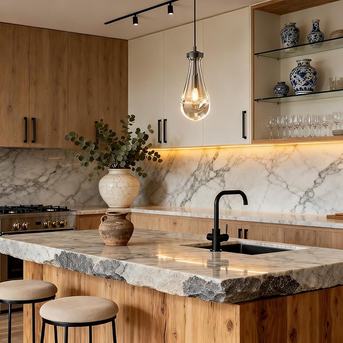 Raindrop Pendant Lights Kitchen Island Set of 2, Black Rain Pendant Island Light DimmableTeardrop Pendant Lights Dining Room Height Adjustable Glass Waterdrop Pendant Light, E12 Bulb Included