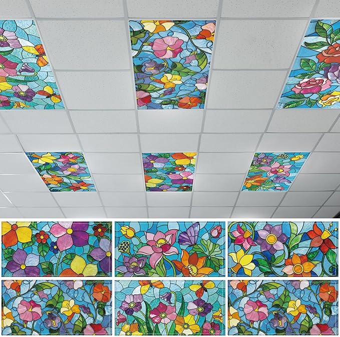Wiooffen 6 Pcs Fluorescent Light Covers with 60 Magnets Decorative for Classroom Ceiling Light 4 x 2 Feet Magnetic Light Covers Filter Easy Install for Office Hospitals & Home (Stained Glass Floral)