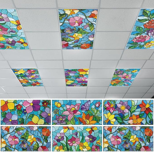Wiooffen 6 Pcs Fluorescent Light Covers with 60 Magnets Decorative for Classroom Ceiling Light 4 x 2 Feet Magnetic Light Covers Filter Easy Install for Office Hospitals & Home (Stained Glass Floral)