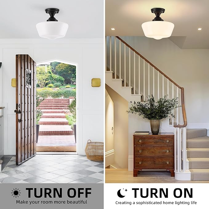 Schoolhouse Light Fixture, 12'' Mid Century, Milk Glass, Semi Flush Mount Ceiling Light for Bedroom Kitchen, Black, Incl. LED Bulb