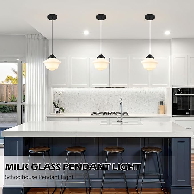 Black Schoolhouse Light Fixture 8" Milk Glass Pendant Light Schoolhouse Pendant Light Milk Glass Light Fixture Mid Century Pendant Light for Bedroom Bathroom Kitchen Hallway (Bulb Incl.)