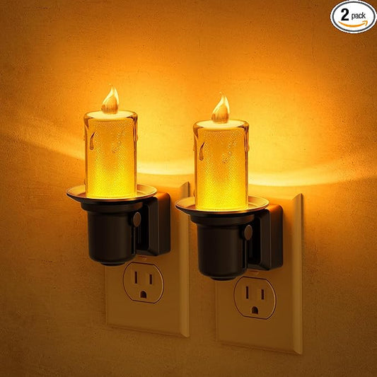 JandCase Night Lights Plug into Wall, 2 Pack Flameless Candle Night Light, 2000K Amber, Dusk to Dawn Sensor Nightlight, 0-100LM Dimmable Nightlight for Dinning Room, Living Room, Bathroom, Hallway