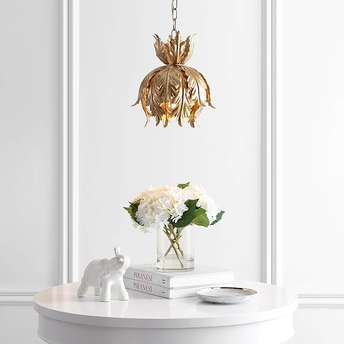 JONATHAN Y 12" Gold 1-Light Iron Pendant Light, Adjustable Height Lotus Leaf Design Hanging Fixture for Bathroom Hallway, Classic French Country, LED Bulb Included JYL9509A
