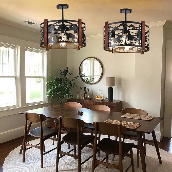 Farmhouse Rustic Horse Ceiling Light Fixtures, 4-Light Round E26 Base Black Metal Wooden Fixture for Kitchen, Living Room,Foyer, Bedroom, Hallway-‎16.5" L* 16.5" W * 11.8" H
