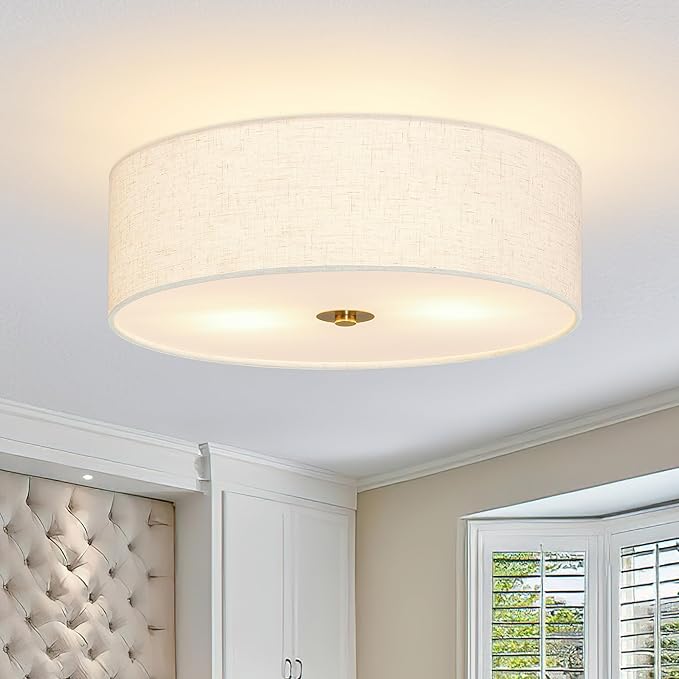 Bagood 12.6 Inch Flush Mount Ceiling Light 2-Light Drum Modern Gold Light Fixture Ceiling Light Fixture Close to Ceiling Light Fixture with Fabric Shade for Living Room Hallway Kitchen Bedroom