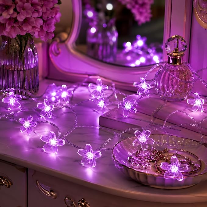Battery/USB Operated 9.8ft 30LED Purple Cherry Blossom Flower String Lights | Cute Fairy Lights For Bedroom, Valentine'S Day, Christmas, Easter, Wedding, Party, Birthday Indoor Outdoor Romantic Decor
