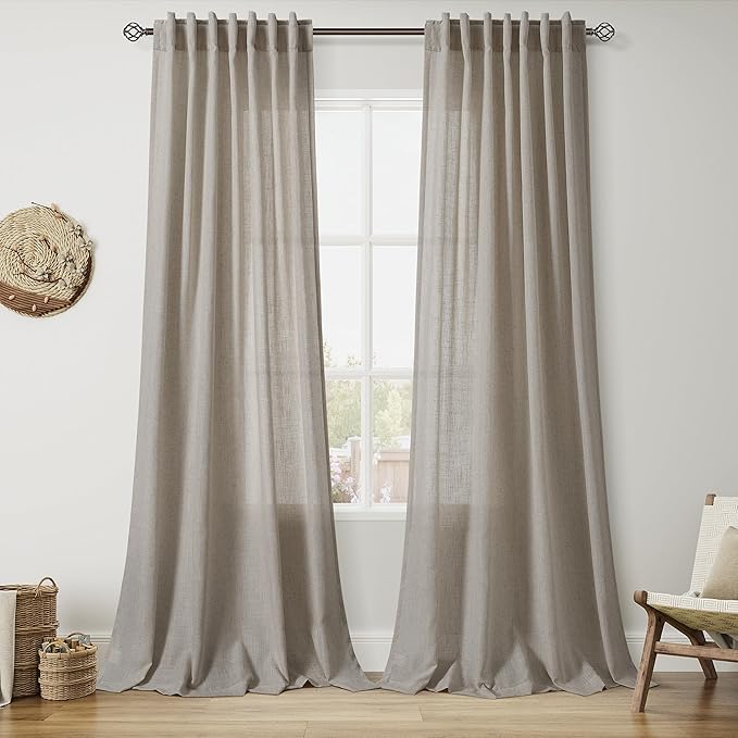 Nanspring Grey Beige Linen Curtains 96 Inches Long for Living Room Simple Modern Luxury Light Filtering Semi Sheer Curtain Back Tab Flax Boho Neutral Gray Drapes for Bedroom Office 52x96, 2 Panels