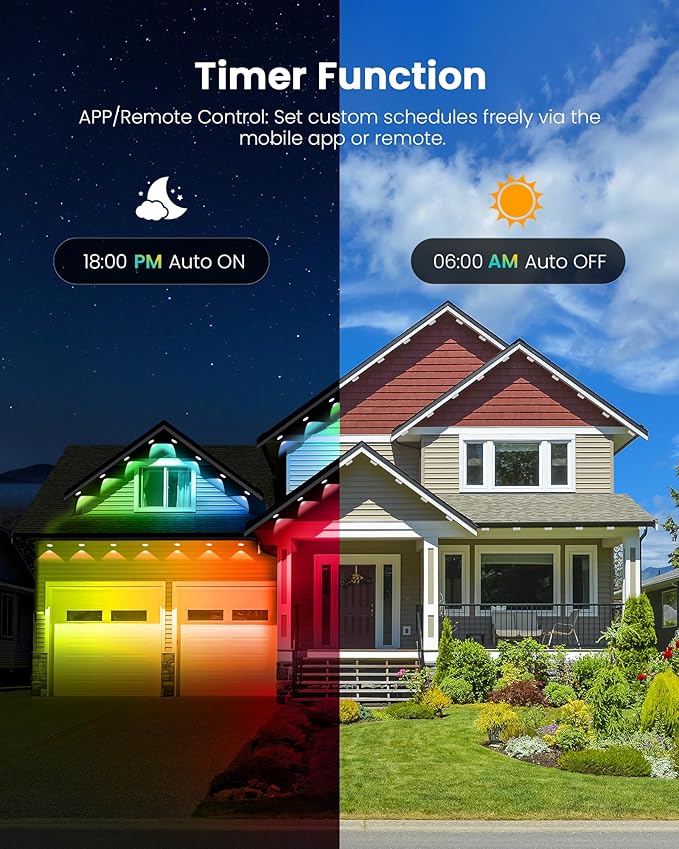 KISUFU 200FT RGB+IC Permanent Outdoor Lights, 24V Year-Round Roof & Eaves Lighting with 221 Modes, App & Remote Control, IP68 Waterproof, Smart Outside Lights for Valentine, Christmas, Holidays
