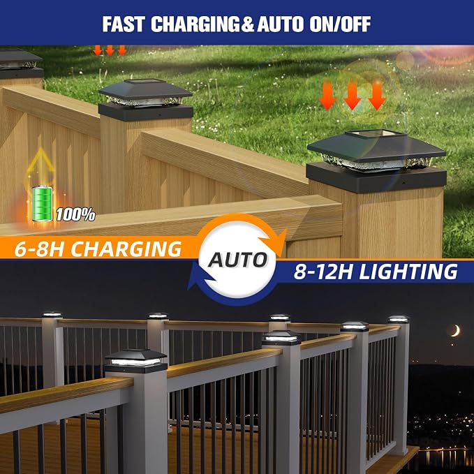 APONUO Solar Post Cap Lights for 4x4 Posts - IP64 Waterproof, 6500K LED, No-Wire Fence Lights & Deck Lights for Patio Garden Yard Patio, Black-Cool White, 8 Pack