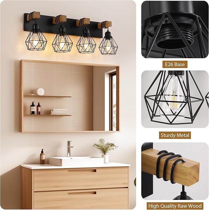 4 Light Farmhouse Vanity Light for Bathroom, Wood Bathroom Vanity Light Fixtures Over Mirror, Rustic Sconces Wall Lighting with Metal Lampshade for Living Room, Bedroom, Hallway