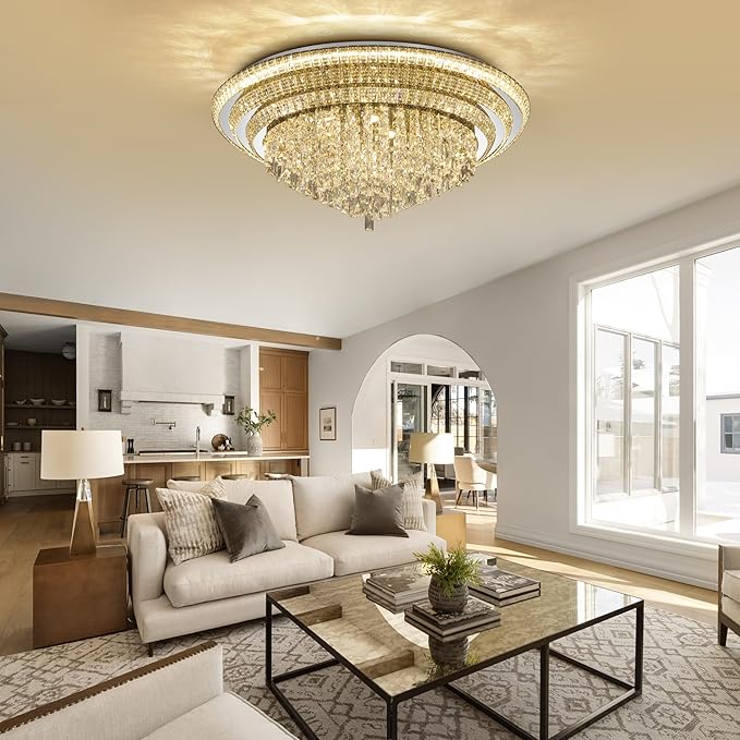 40 inch Crystal Silver Ceiling-Light Flush Mount With Remote Control and APP, 3CCT Dimmable & Brightness Adjustable, Modern Crystal Raindrop Chandeliers for Bedroom Hallway Dinning Room Living Room