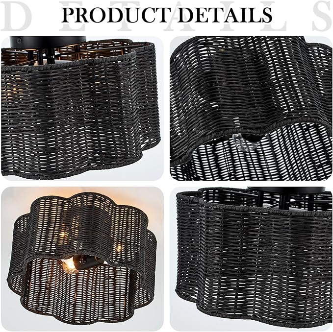 13” Boho Semi Flush Mount Ceiling Light Black Flower Floral Hand Woven Rattan Mini Chandelier for Bedroom Dining Room Kitchen Island Hallway, UL Listed