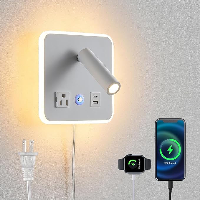 LED Wall Lamp Dimming Wall Mounted Reading Lights, Adjustable Headboard Plug in Wall Sconce with USB+USB C Ports, Headboard Bedside Lamp with 6W+3W Night Light 3000K (White)