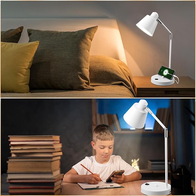 Anxingtools LED Desk Lamp with Dual USB Charging Ports, 100% Metal, 270° Swivel Arms, Soft White Light (3000K), Bedside Reading Lamp, Home Office Lamp(White)