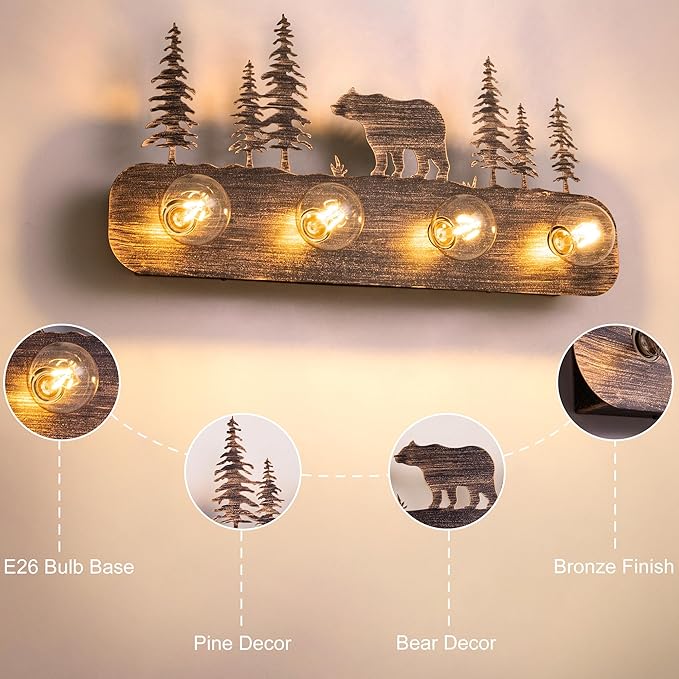 TOCHIC Rustic Bathroom Light Fixtures, 4 Lights Farmhouse Bathroom Vanity Light Over Mirror Dimmable, Western Bear Sconces Wall Lighting for Mirror Cabinets, Powder Room, Living Room, Bronze, 26”L