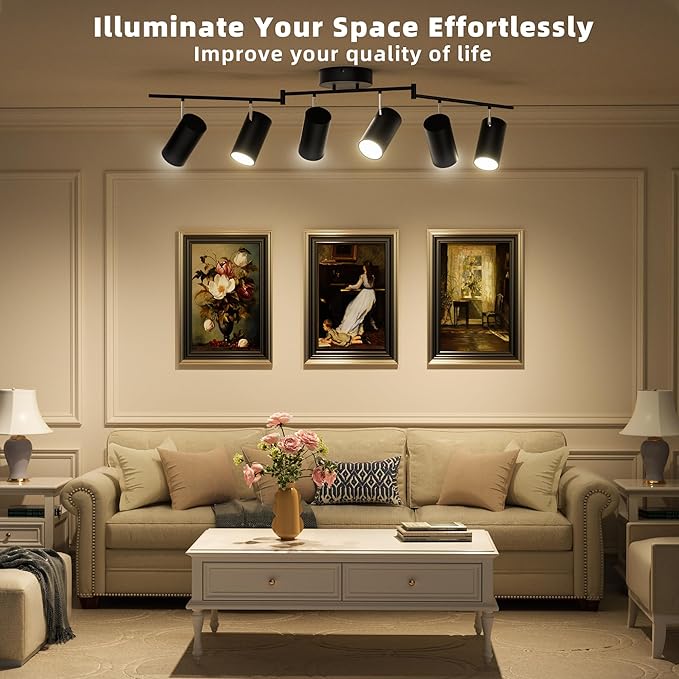 Ketom 6-Light Track Lighting Fixtures Ceiling, GU10 Black Led Ceiling Spotlight, Modern Track Light Kit for Kitchen Hallway Bedroom Living Room