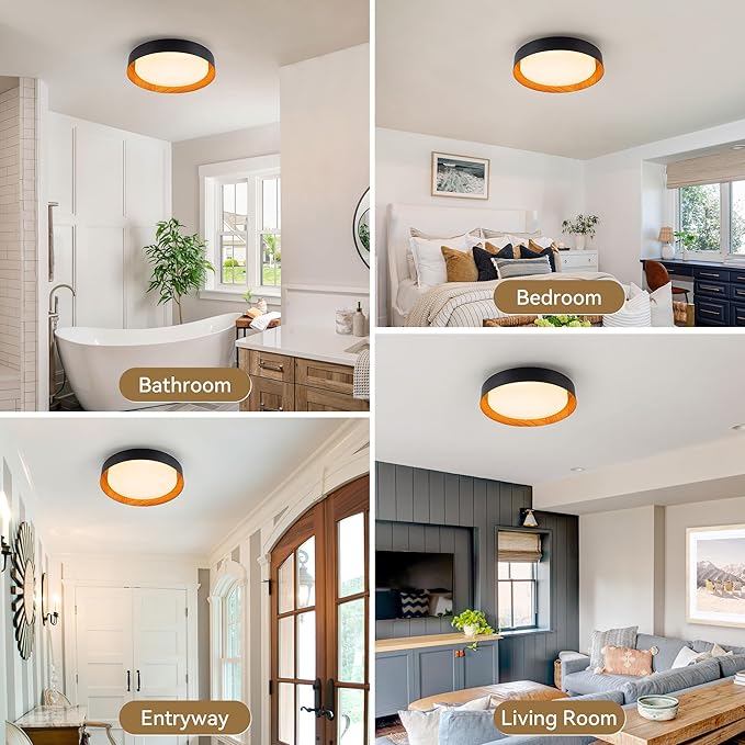 12 Inch LED Flush Mount Ceiling Light with Remote, 18W Flush Mount Light Fixture in Black and Wood Finish, Dimmable Ceiling Light for Bedroom, Hallway, Entryway, Bathroom, Kitchen