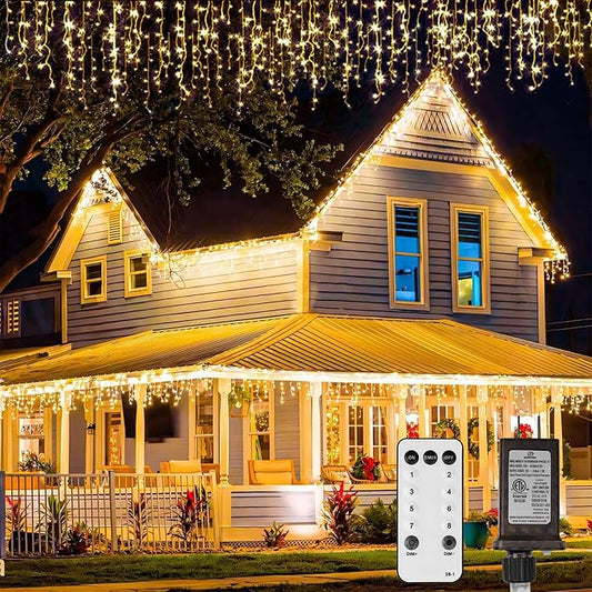 LED Icicle Lights for Outdoor Christmas Decorations,78.7Ft 800 LEDs Christmas Fairy Light with Timer&Memory Function,8 Lighting Modes,Plug in hanging Curtain Lights for Xmas Party Wedding(Warm White)