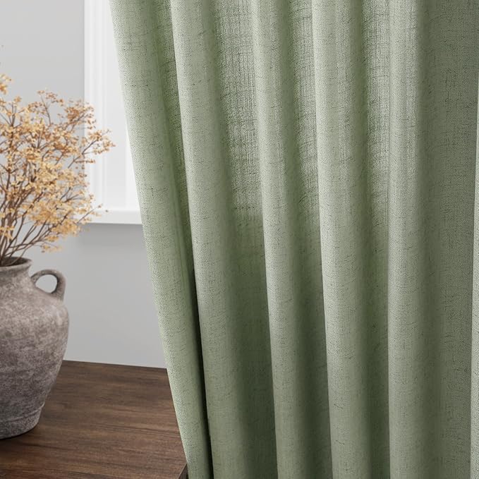 Sheer Light Sage Linen Curtains 102 Inches Long Rod Pocket Back Tab Drapes 2 Panels Set for Living Room Light Filtering Semi Sheer Pale Green Curtain 102 Length for Patio Sliding Glass Door 52x102