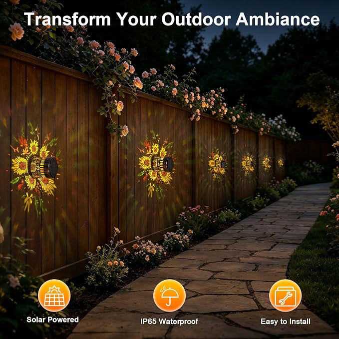 2PCS Decorative Solar Sunflower Lights Outdoor, 2026 New Metal Solar Powered Outdoor Deck Step Wall Lights, Sunflower Theme Waterproof Fence Light (Colored Light)