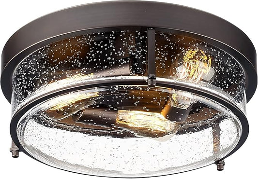 Emliviar 15 Inch Farmhouse Flush Mount Ceiling Light Fixture, Outdoor 3-Light Ceiling Lamp for Porch Kitchen Living Room, Seeded Glass Oil Rubbed Bronze Finish, GE263MF ORB