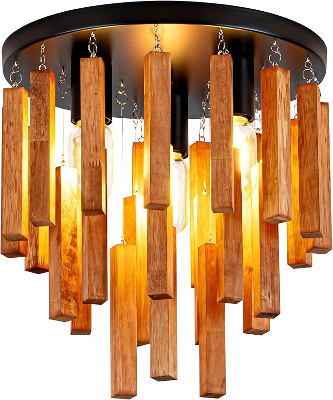 Farmhouse Light Fixture, 3-Light Wood Ceiling Light, Rustic Light Fixture with Wood and Black Metal Finish, Farmhouse Semi Flush Chandelier for Bedroom, Hallway, Entryway, Kitchen