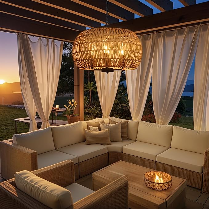 Outdoor Solar Chandelier, 4-Light 19" Rattan Outdoor Chandelier, Hanging Pendant Lights, Waterproof, for Gazebo, Pergola, Porch, Patio