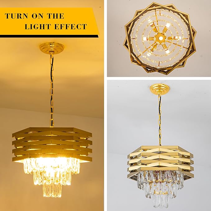 Gold Crystal Chandelier 5-Lights 15.75" Modern Crystal Pendant Light 3-Tier Luxury K9 Hanging Dining Room Lighting Fixtures for Bedroom Living Room Office Hallway Foyer Entryway Kitchen Sink