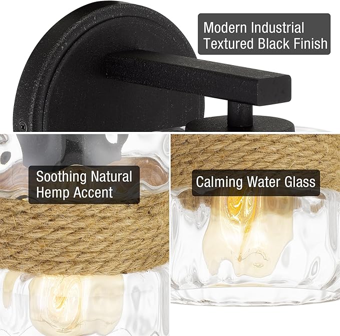 Kira Home Sage 9.5" Farmhouse Hammered Glass Wall Sconce with Natural Rope Accent, Industrial Cylinder Glass Shade Wall Light, Textured Black Finish