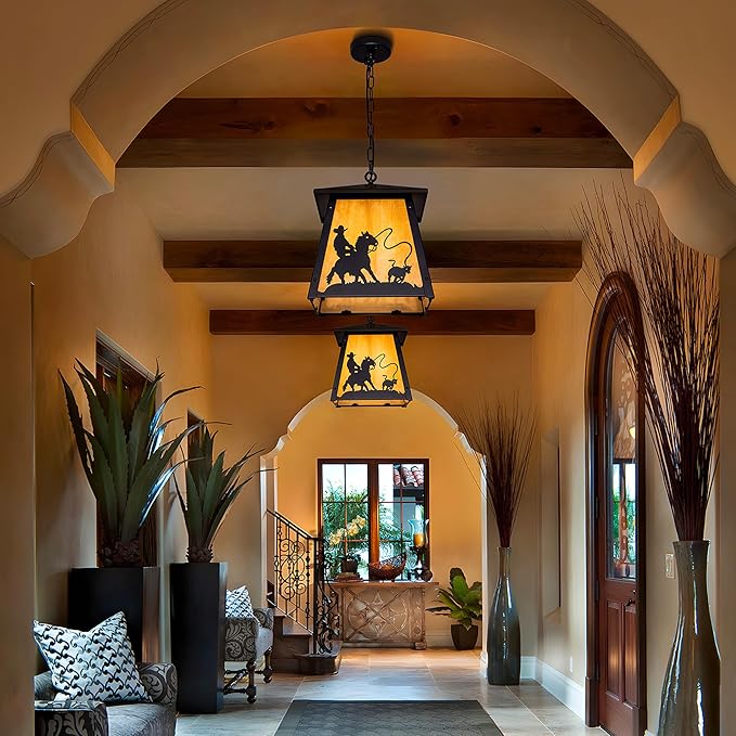 TOCHIC Black Farmhouse Chandelier, 12" Vintage Outdoor Pendant Light Fixture for Porch Gazebo Patio, Rustic Waterproof Western Cowboy Chandeliers for Entryway, Hallway, Foyer, Kitchen, Dining Room