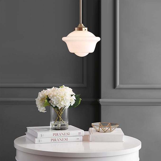 JONATHAN Y 9.5" Brass Gold/White Modern Schoolhouse LED Pendant Light Fixture, Adjustable Drop Metal Hanging Lamp with White Glass Shade for Kitchen Island, Dining Room, Foyer (JYL3517A)