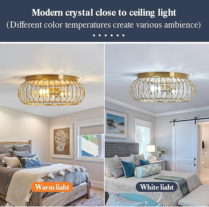 YYJLX Crystal Flush Mount Ceiling Light Fixtures Modern Gold Ceiling Light 3 Light Ceiling Chandelier for Hallway Bedroom Bathroom Foyer Living Room Dining Room Kitchen.