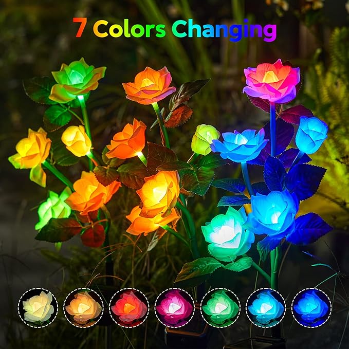 RECHOO Solar Garden Lights Outdoor, 3 Pack Solar Flower Lights with 15 Rose Flowers, Multi-Color Changing LED Waterproof Solar Lights, Garden Decor for Landscape Pathway, Gifts for Women