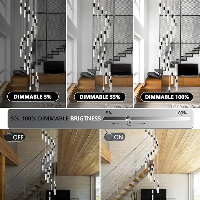 High Ceiling Chandelier 20-Lights Dimmmable Modern Crystal Staircase Chandelier Light Fixutres with Remote for Foyer