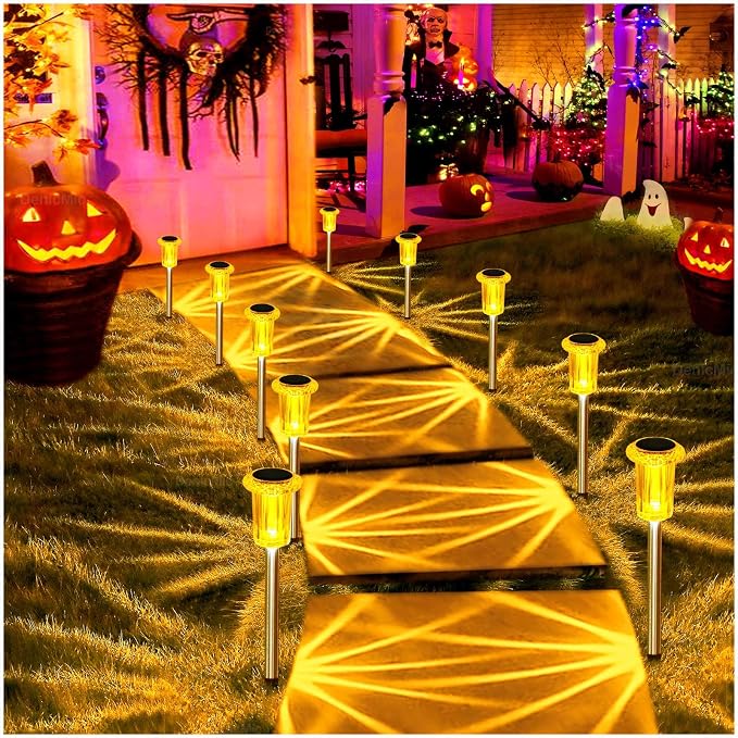 DenicMic Solar Lights Outdoor 10 Pack Waterproof Outside Fall Lights for Yard Pathway Garden Driveway Walkway Landscape Path Lighting Orange LED Stainless Steel Stake Halloween Decor