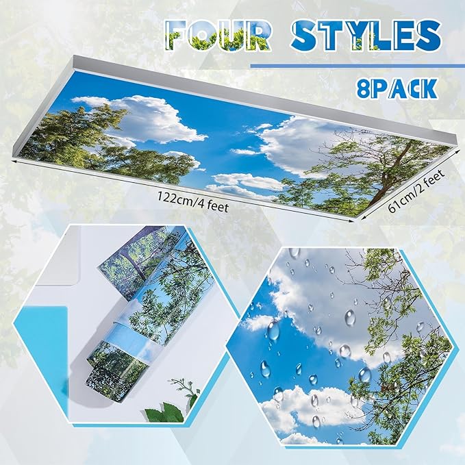 Amylove 8 Pcs 4 x 2 Feet Backlit Film Material Fluorescent Light Covers Classroom Filters Ceiling Light Covers Panels Florescent Diffuser(Blue Sky, Leaves)