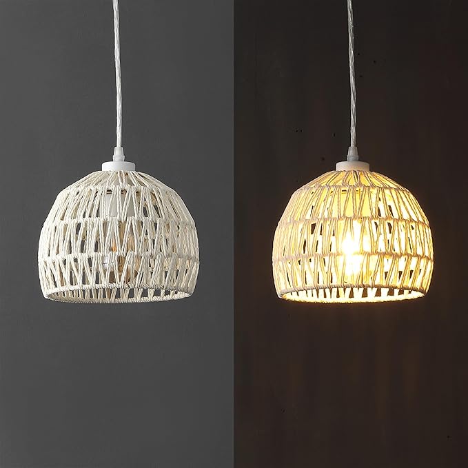 JONATHAN Y 8.25" Cream Modern Bohemian Woven Rope LED Pendant Light Fixture, Adjustable Dome Ceiling Lamp for Kitchen Island, Rope Shade, Coastal Farmhouse Decor (JYL6512C)