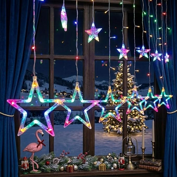 Vigdur Star Curtain String Lights, 12 Stars 138 LEDs Star Window Lights with Remote & 8 Flashing Modes Christmas String Lights for Christmas Wedding Party Home Decorations(8.2FT)