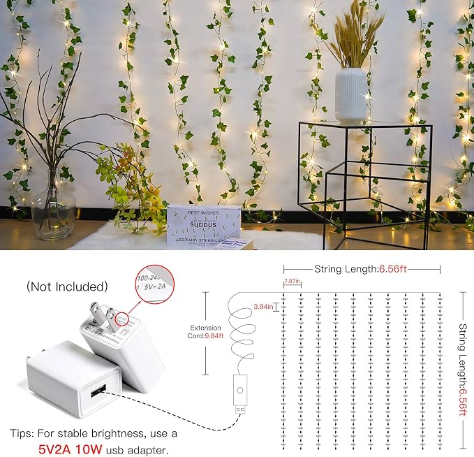 suddus Vines with Light for Bedroom, 200 LED Fairy Lights with Vines, Ivy Curtain Lights for Dorm, Wedding, Party, Wall, Indoor, Outdoor Decor, 6.5ft x 6.5ft（2 Pack