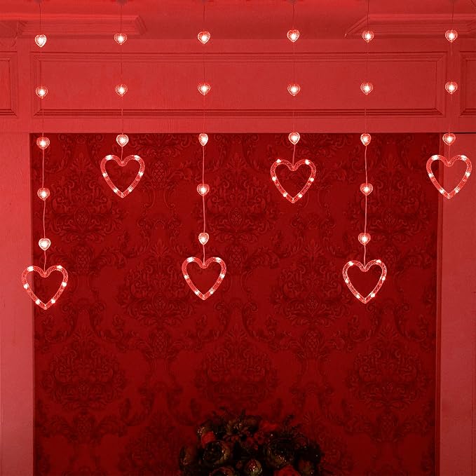 YOLIGHT Heart Curtain Lights, 9.8ft Valentine's Day Window Lights, USB Plug LED Hearts String Lights, Light up Heart Hanging Lights for Valentines Mother's Day Room Decoration (Red)