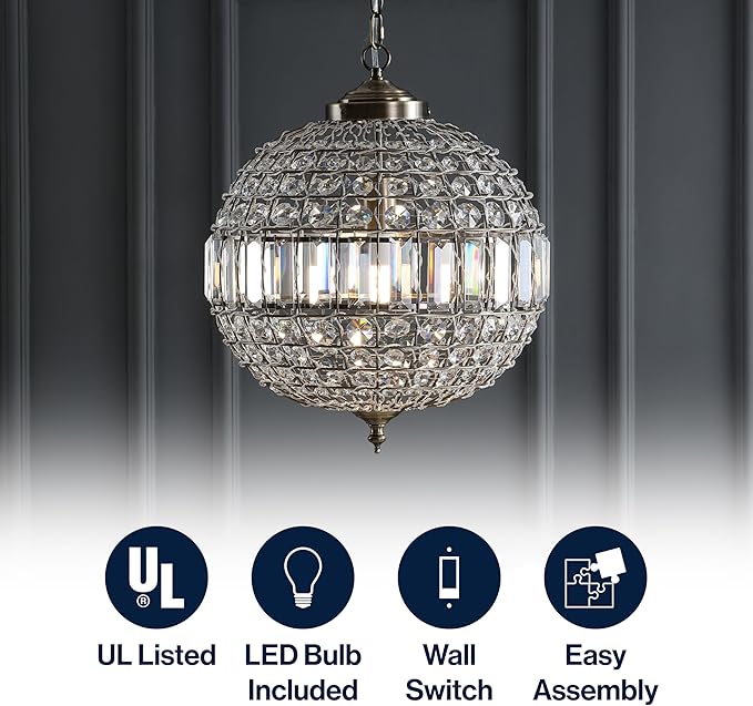 JONATHAN Y 16" Antique Brass/Clear Modern Crystal LED Pendant Light for Kitchen, Clear Crystal Shade, Glam Globe Chandelier Hanging Ceiling Lamp for Dining Room Entryway (JYL6110B)